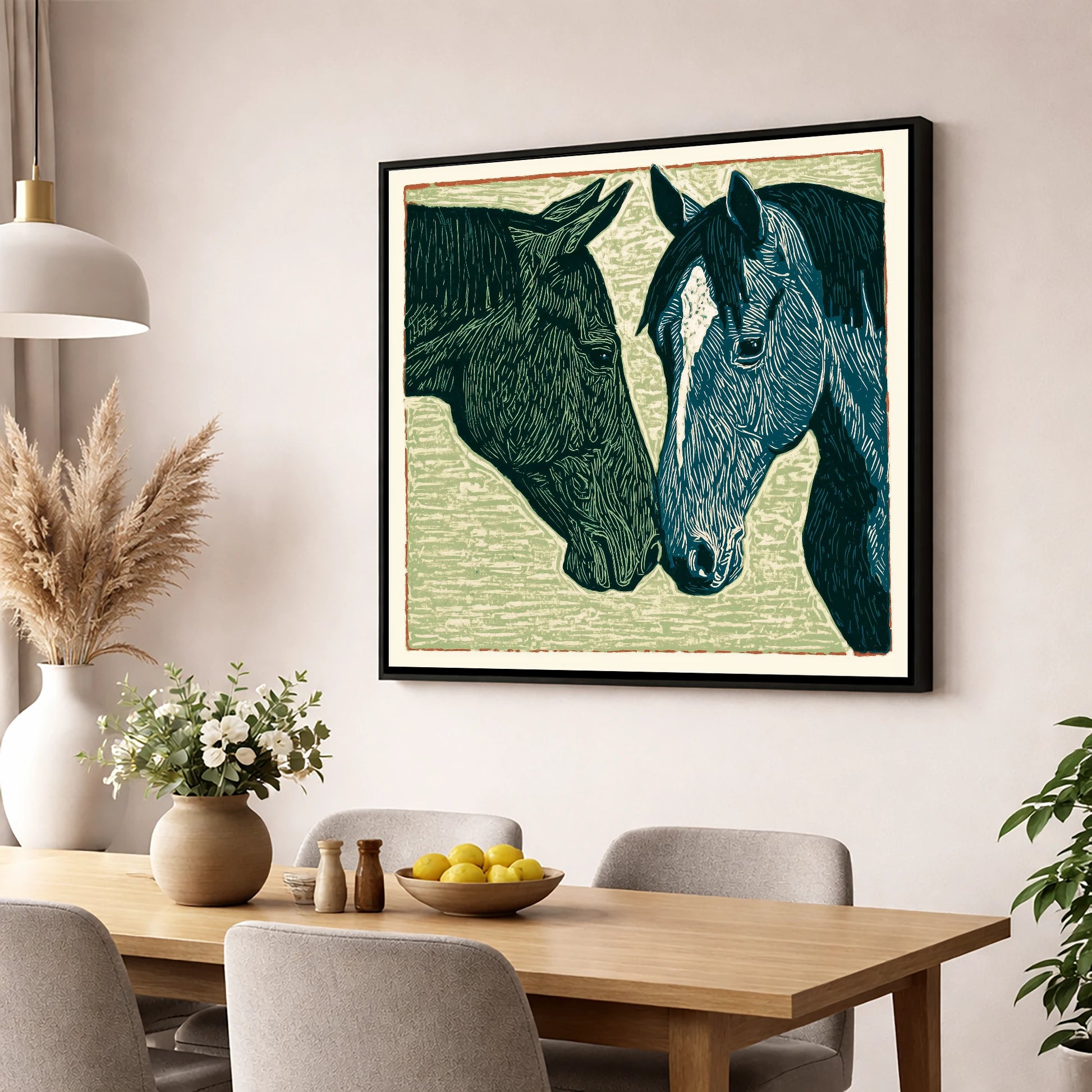 Kindred Spirits horse portrait wall art displayed in a dining room