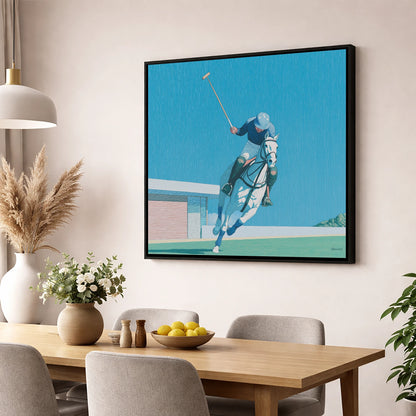 The Azure Chukka polo horse wall art displayed in a dining room