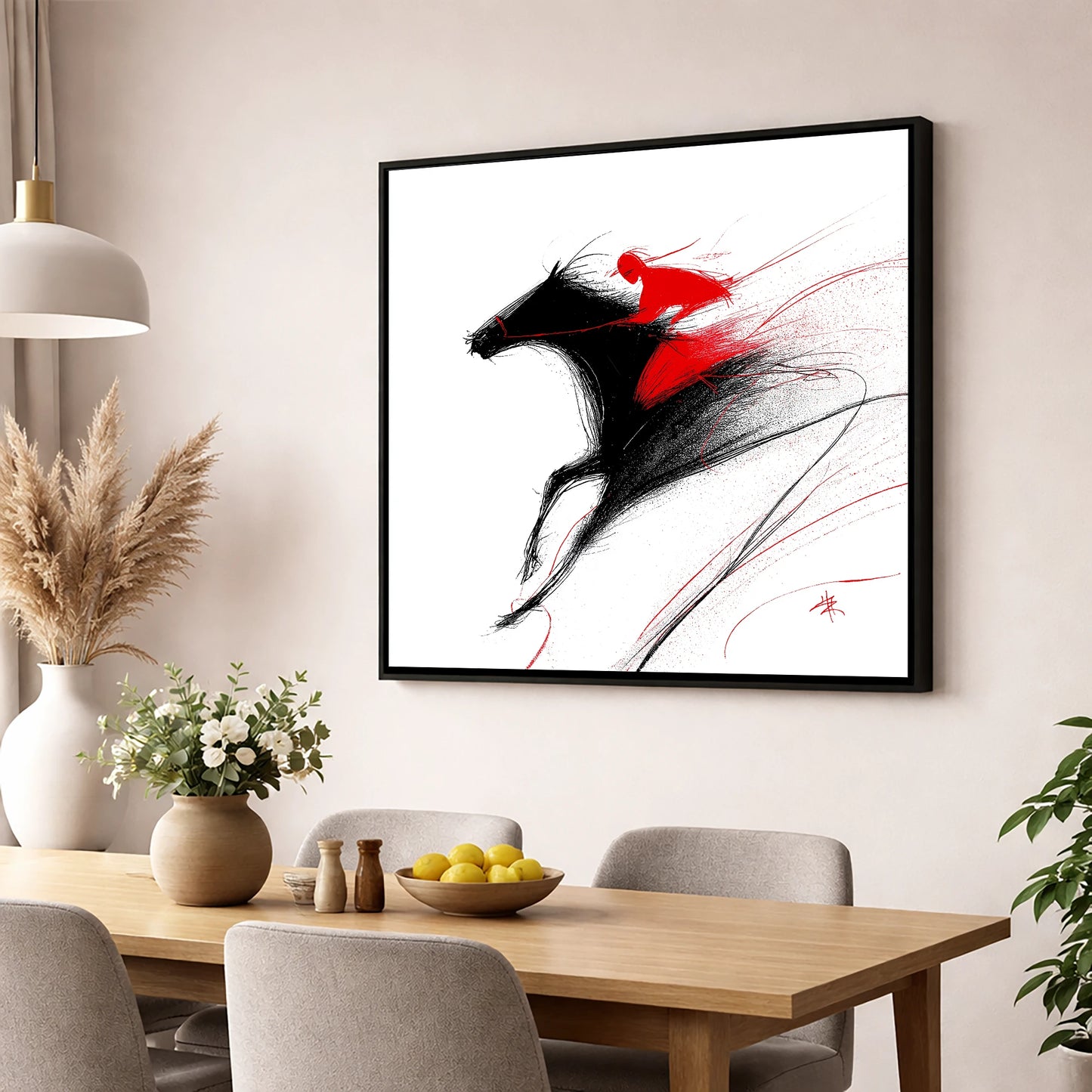 Adrenaline in Red racing horse wall art displayed in a dining room