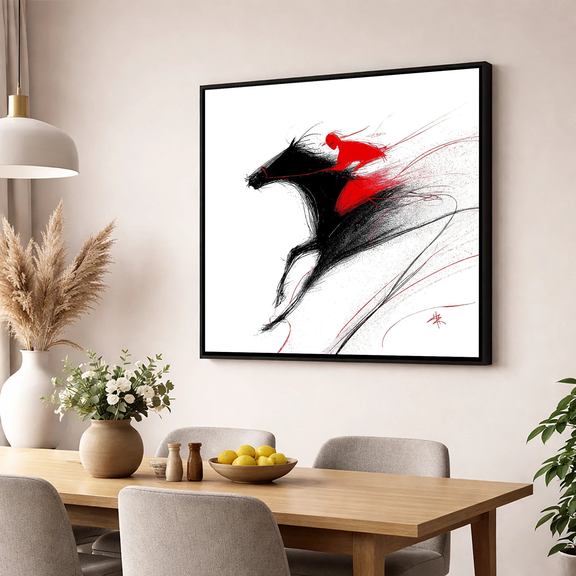 Adrenaline in Red racing horse wall art displayed in a dining room