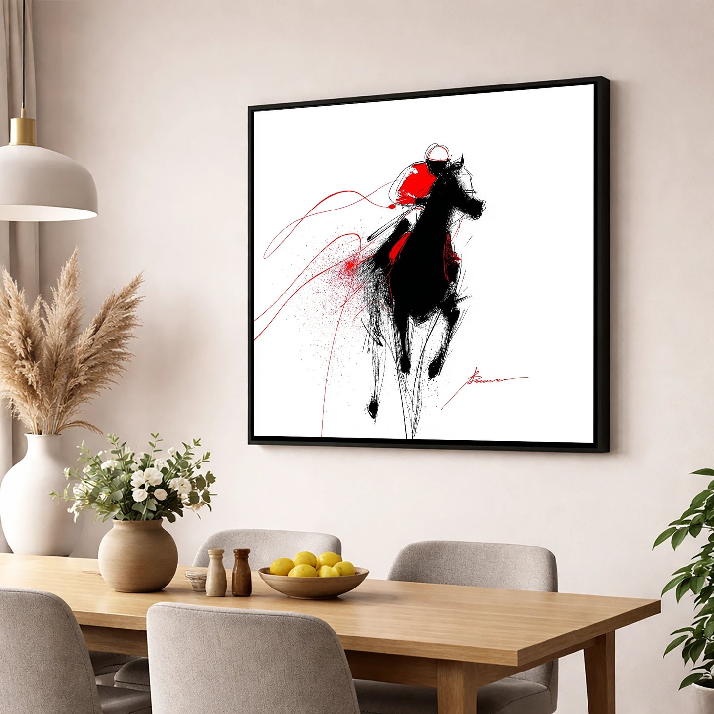 Crimson Gallop racing horse wall art displayed in a dining room