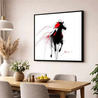Crimson Gallop racing horse wall art displayed in a dining room