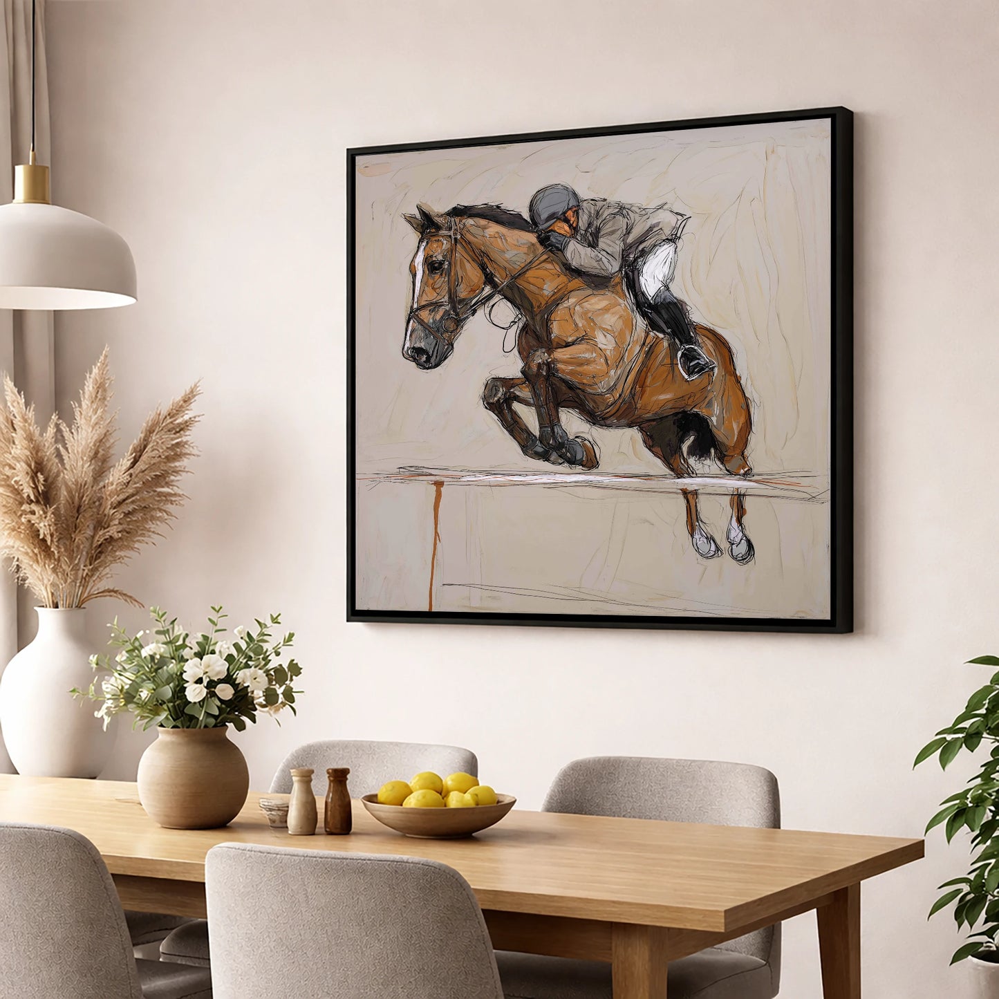 Airborne Precision show jumping horse wall art displayed in a dining room