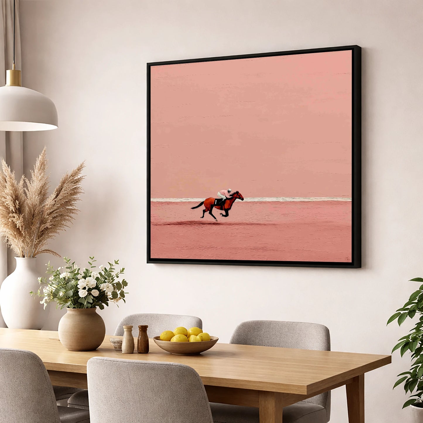 Dusty Rose Stretch racing horse wall art displayed in a dining room