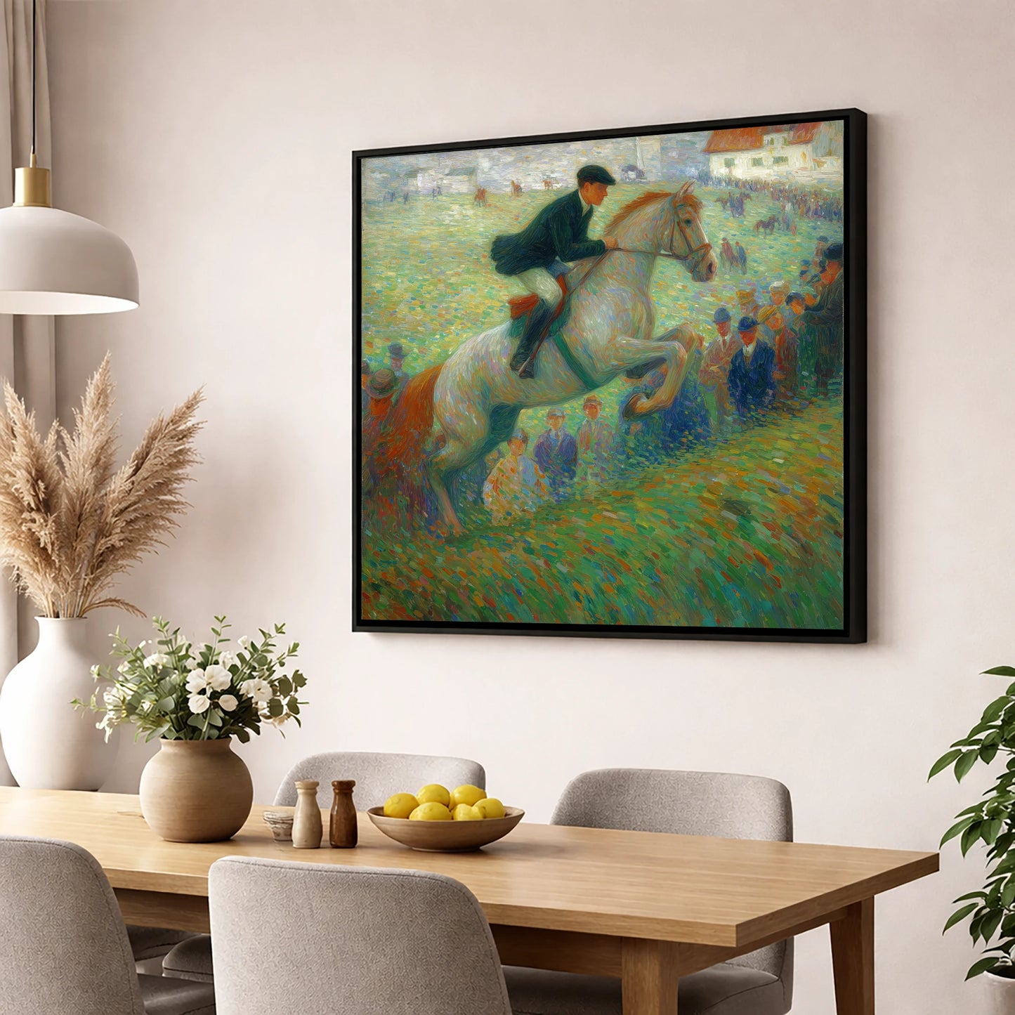 Luminous Grey in Flight show jumping horse wall art displayed in a dining room