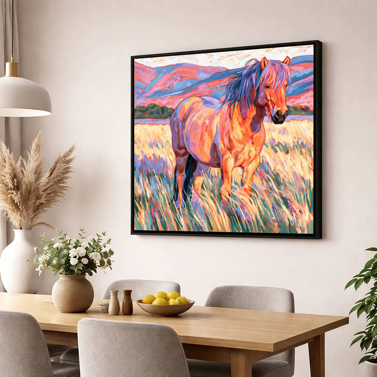 Colourful Horse in Golden Grass horse breed wall art displayed in a dining room