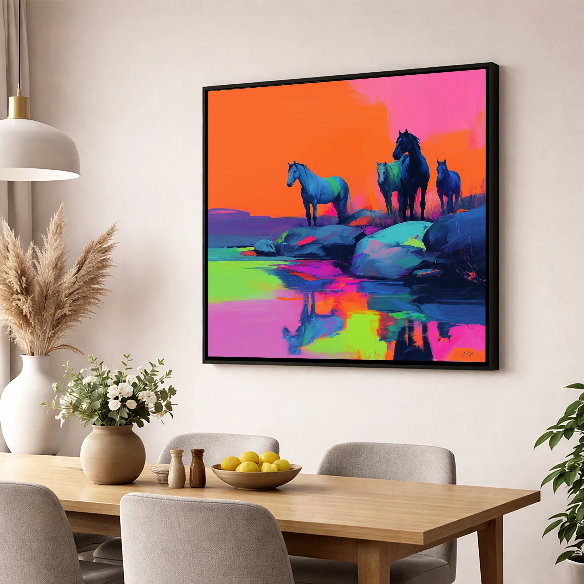 Neon Horizon Horses wild horses wall art displayed in a dining room