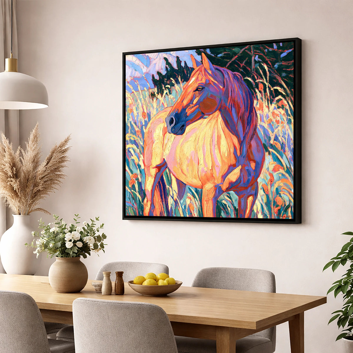Vibrant Horse in Tall Grass horse breed wall art displayed in a dining room