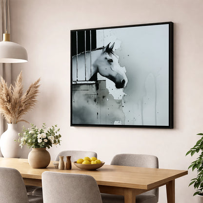 The Quiet Watcher horse stable wall art displayed in a dining room