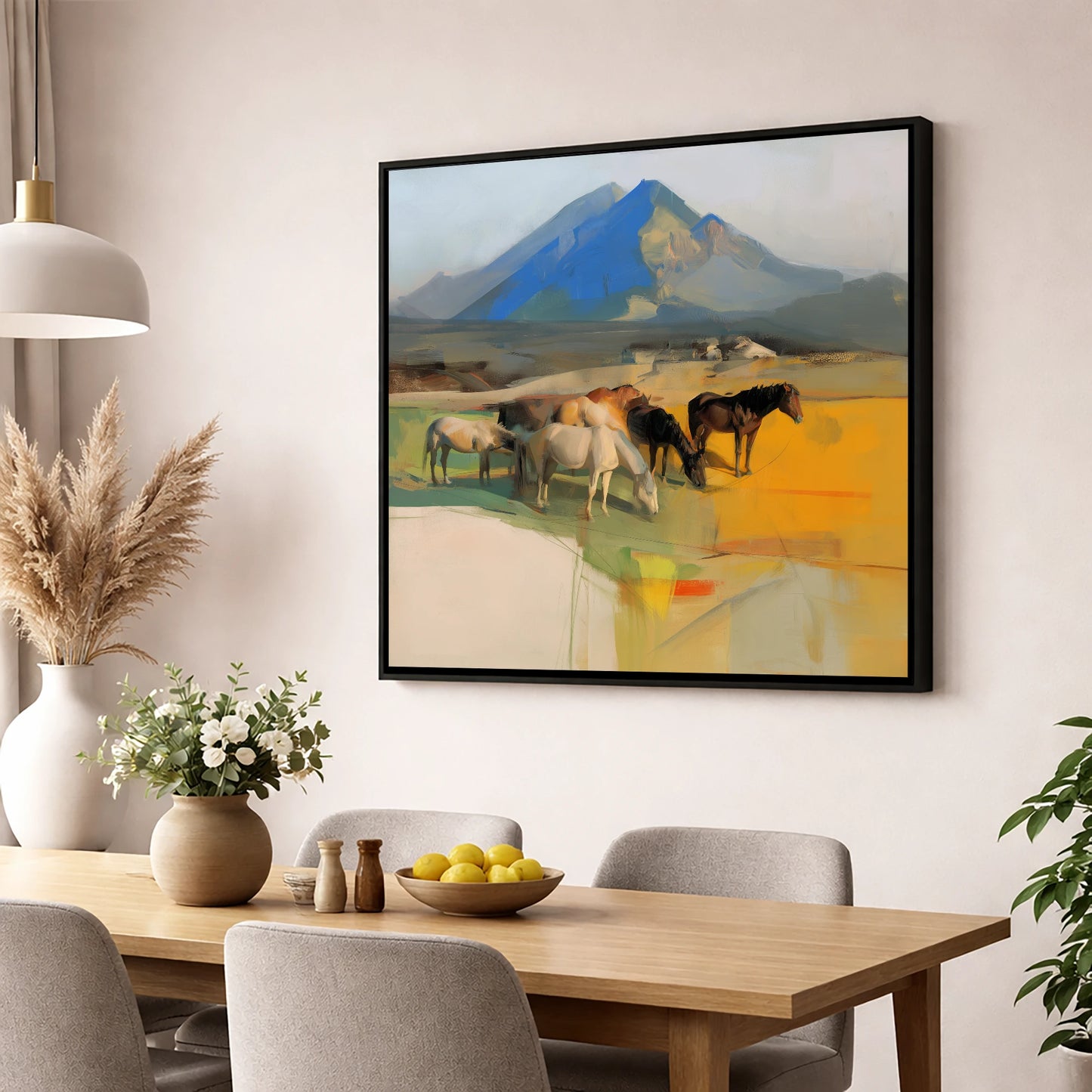 Grazing Beneath Cerulean Peaks horse landscape wall art displayed in a dining room