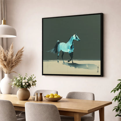 Azure Arabian Spirit horse breed wall art displayed in a dining room