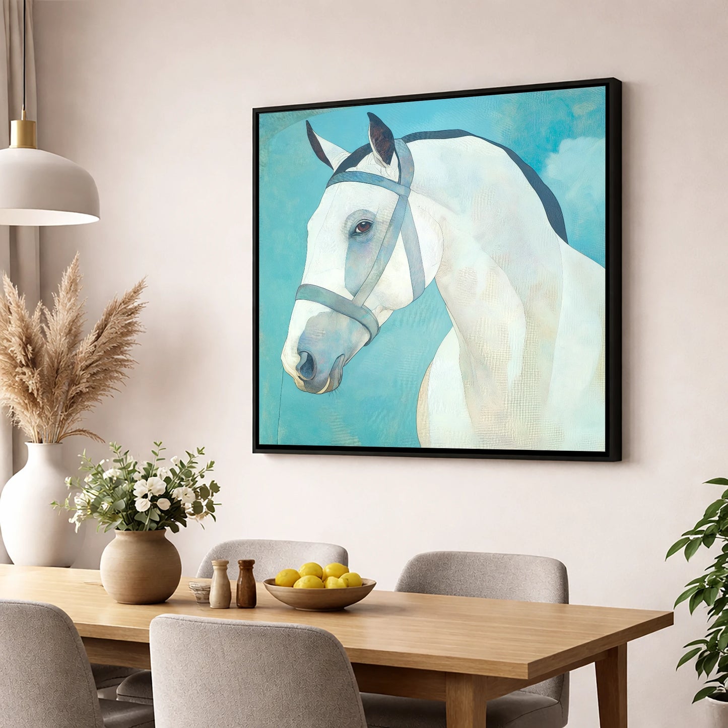 Serene Focus in Teal horse portrait wall art displayed in a dining room