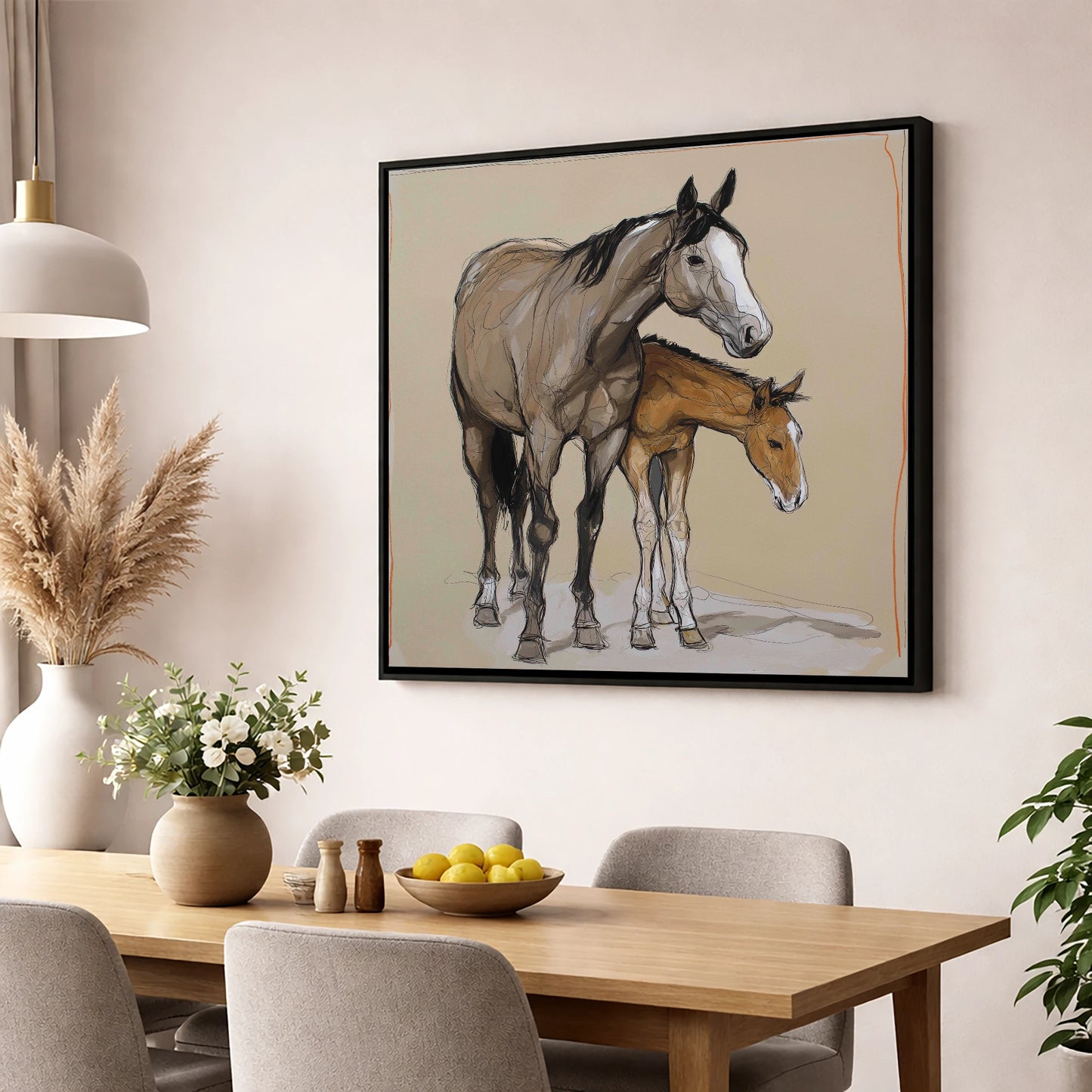 A Quiet Bond mare & foal wall art displayed in a dining room