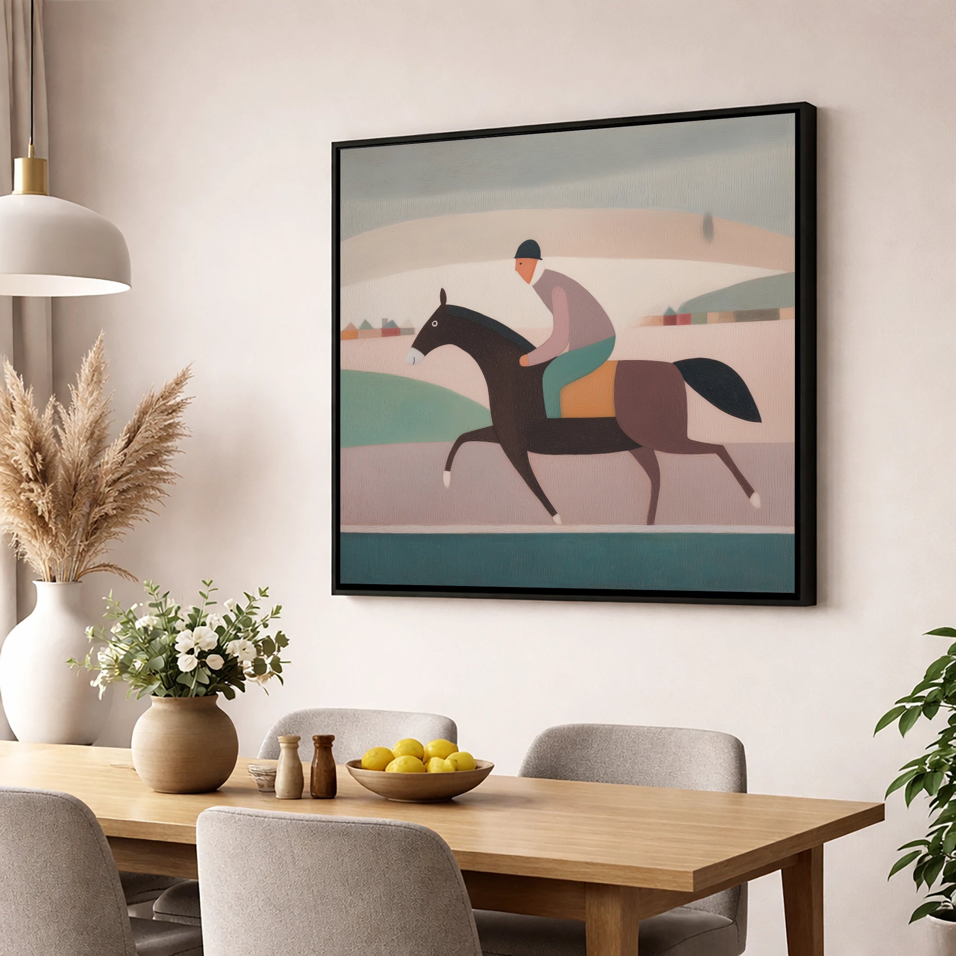 Muted Morning Canter racing horse wall art displayed in a dining room