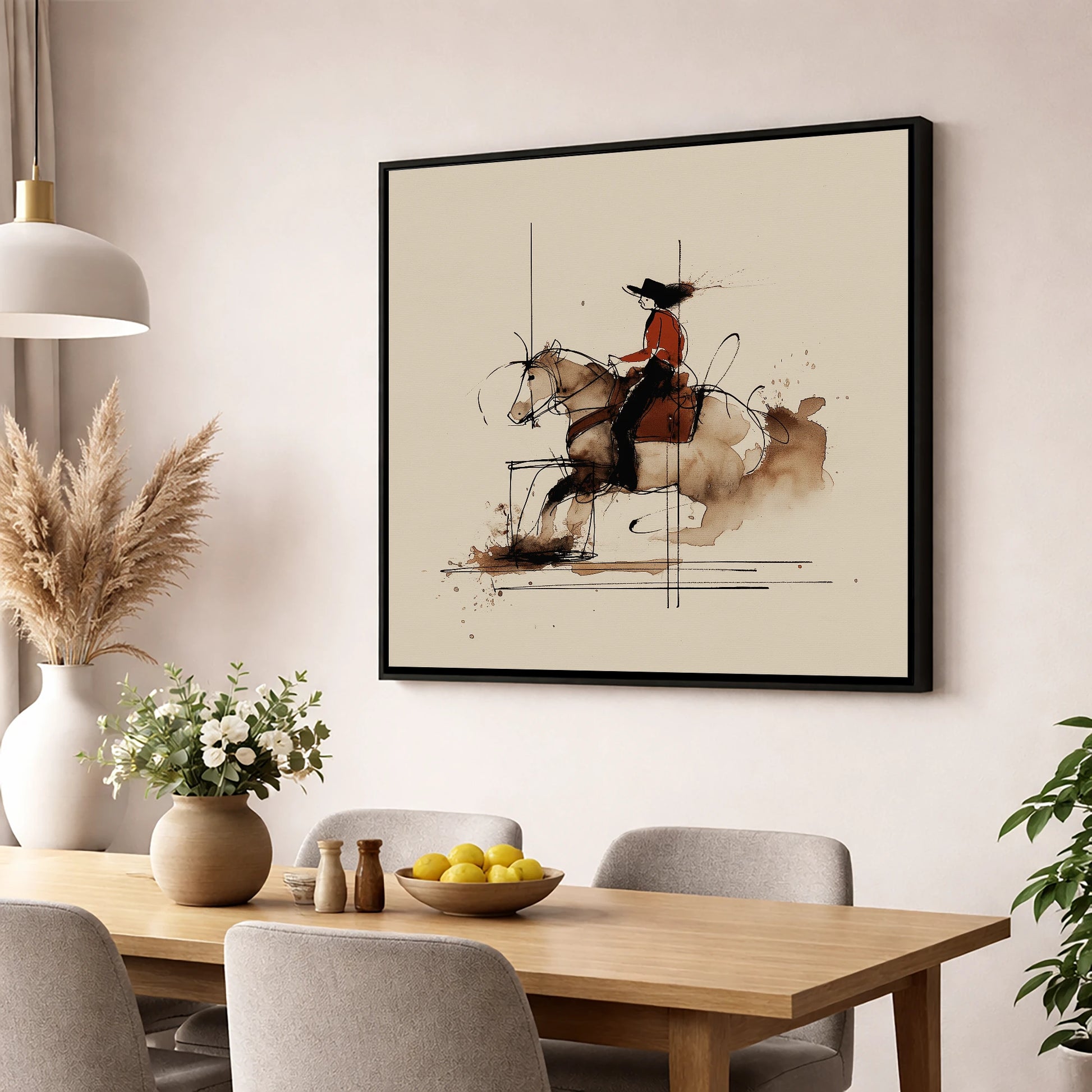Crimson Western Rider western horse wall art displayed in a dining room