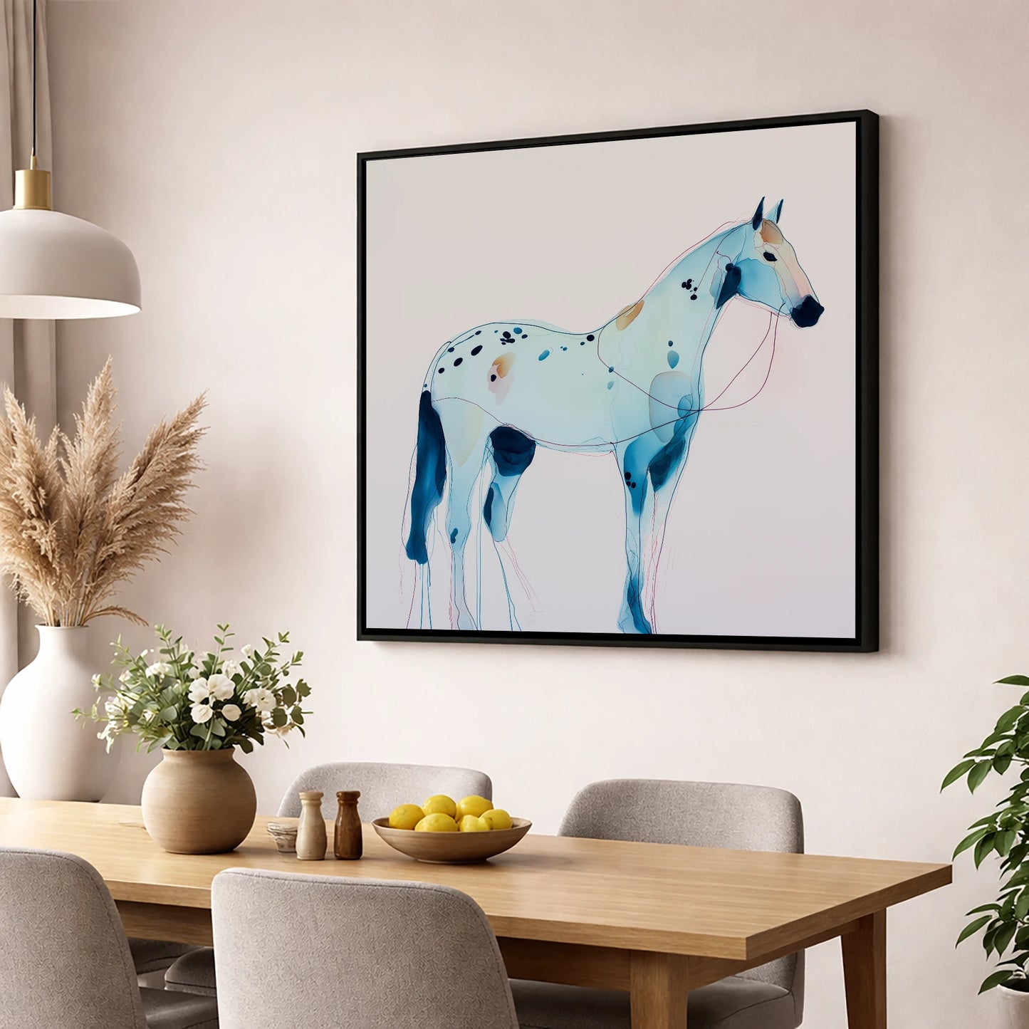 Ethereal Blue Appaloosa horse breed wall art displayed in a dining room