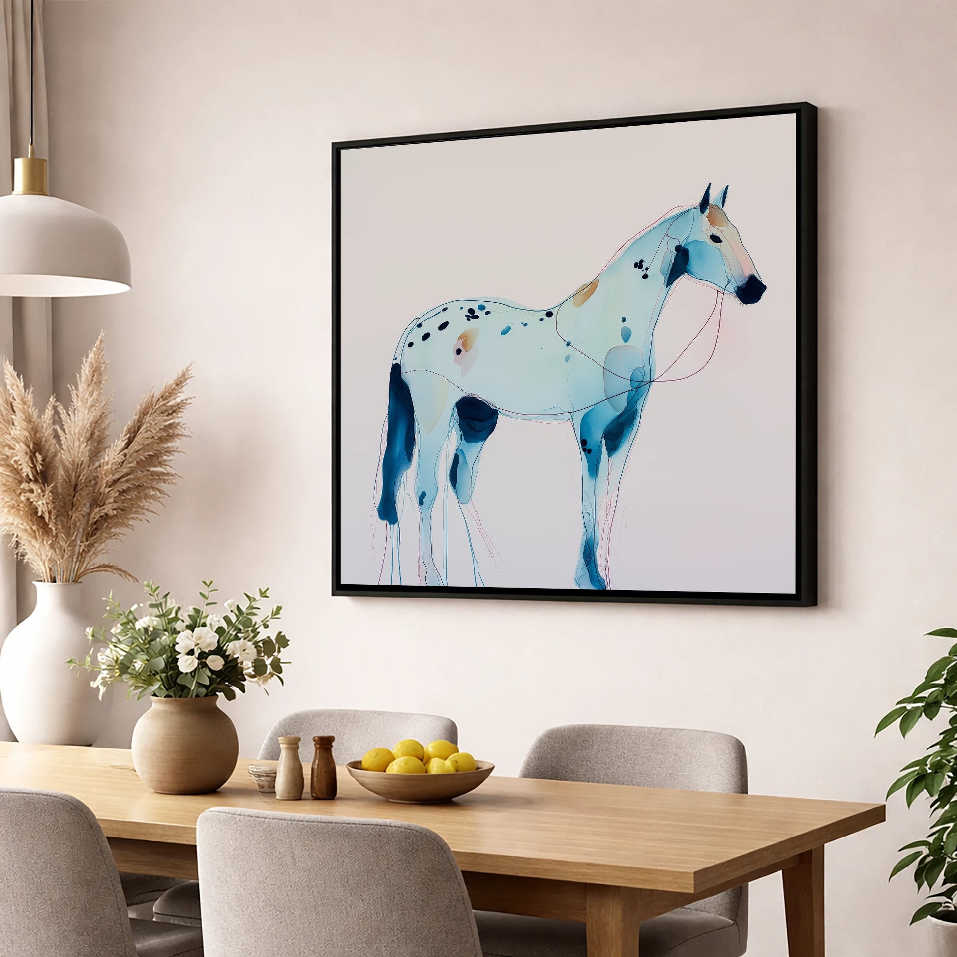 Ethereal Blue Appaloosa horse breed wall art displayed in a dining room