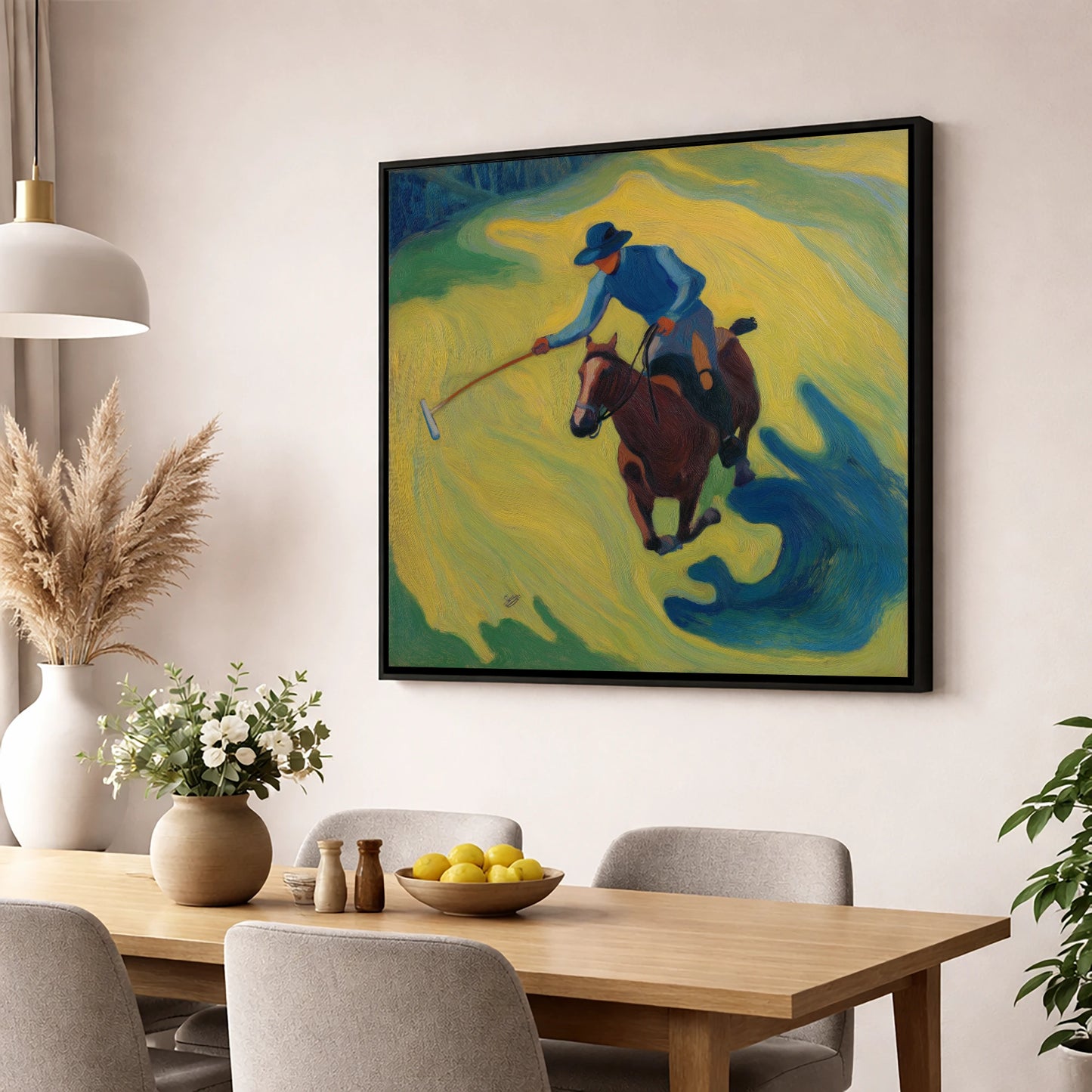 Sunlit Polo Swing polo horse wall art displayed in a dining room