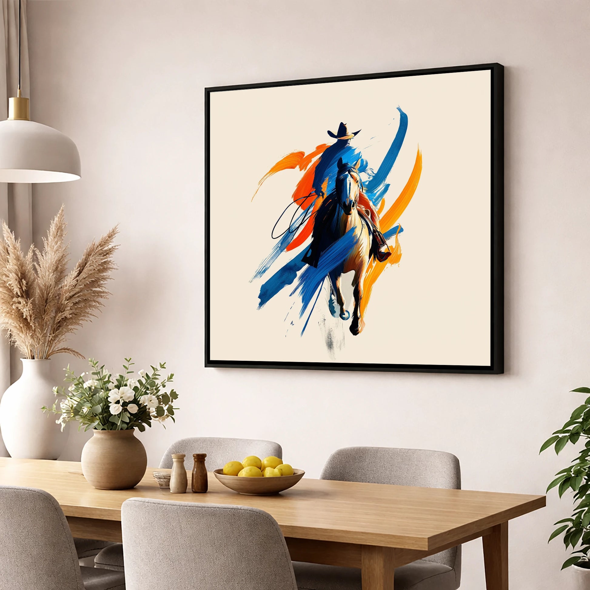 Bold Frontier Spirit western horse wall art displayed in a dining room