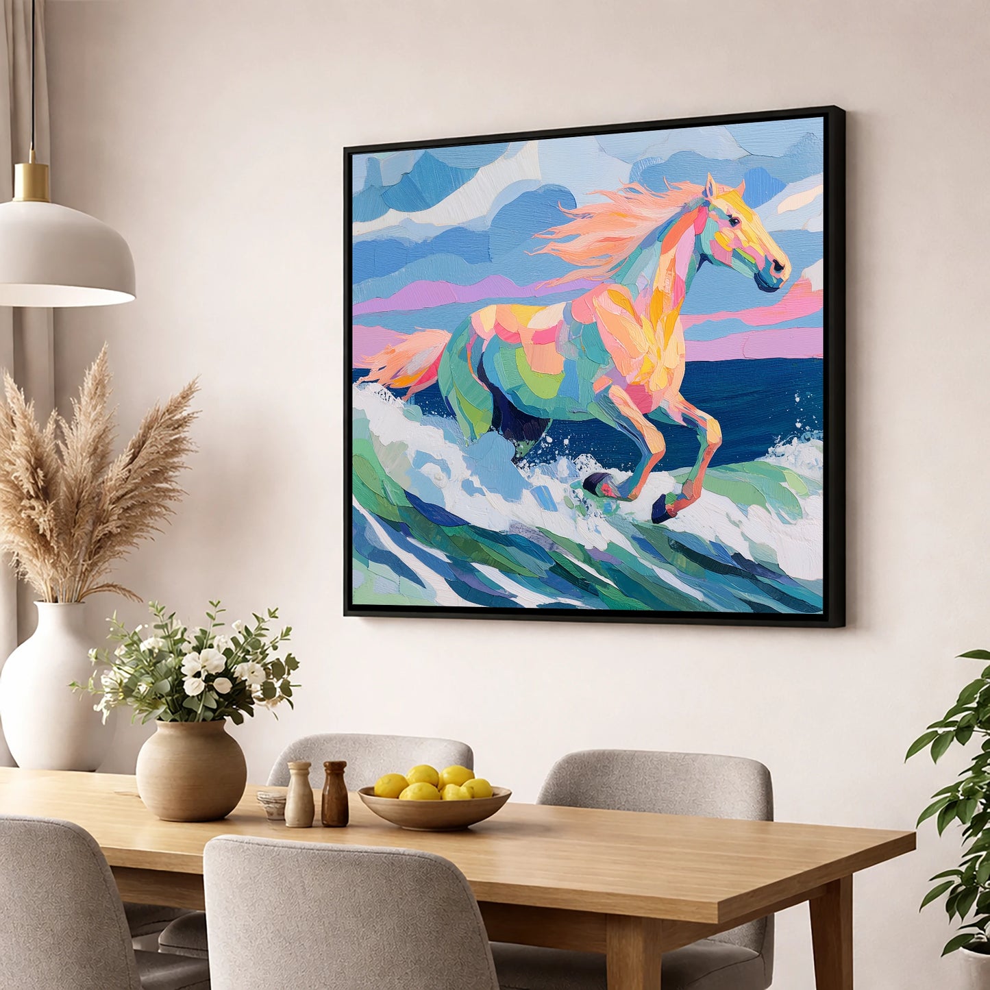 Technicolour Tide beach horse wall art displayed in a dining room