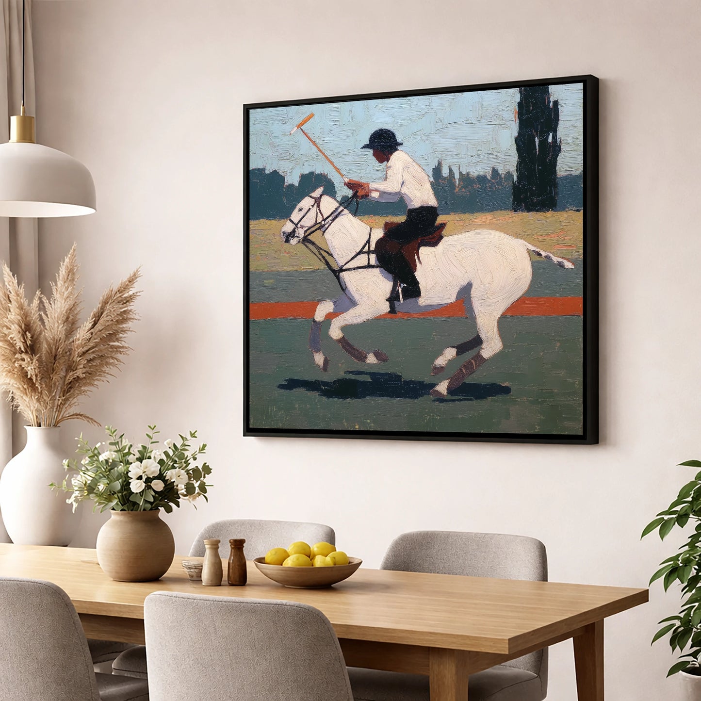 The Decisive Swing polo horse wall art displayed in a dining room