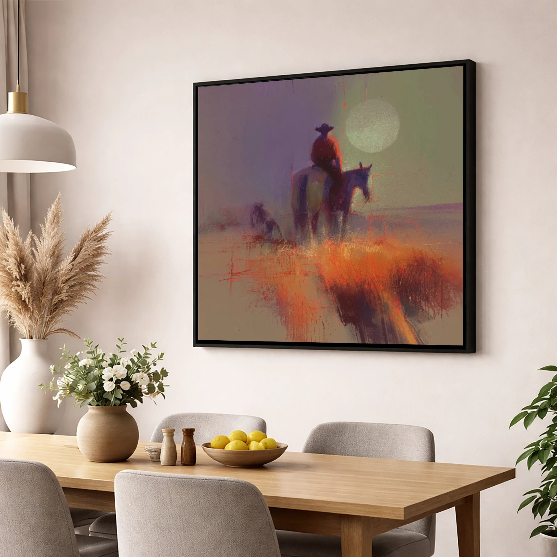High Plains Sundown western horse wall art displayed in a dining room