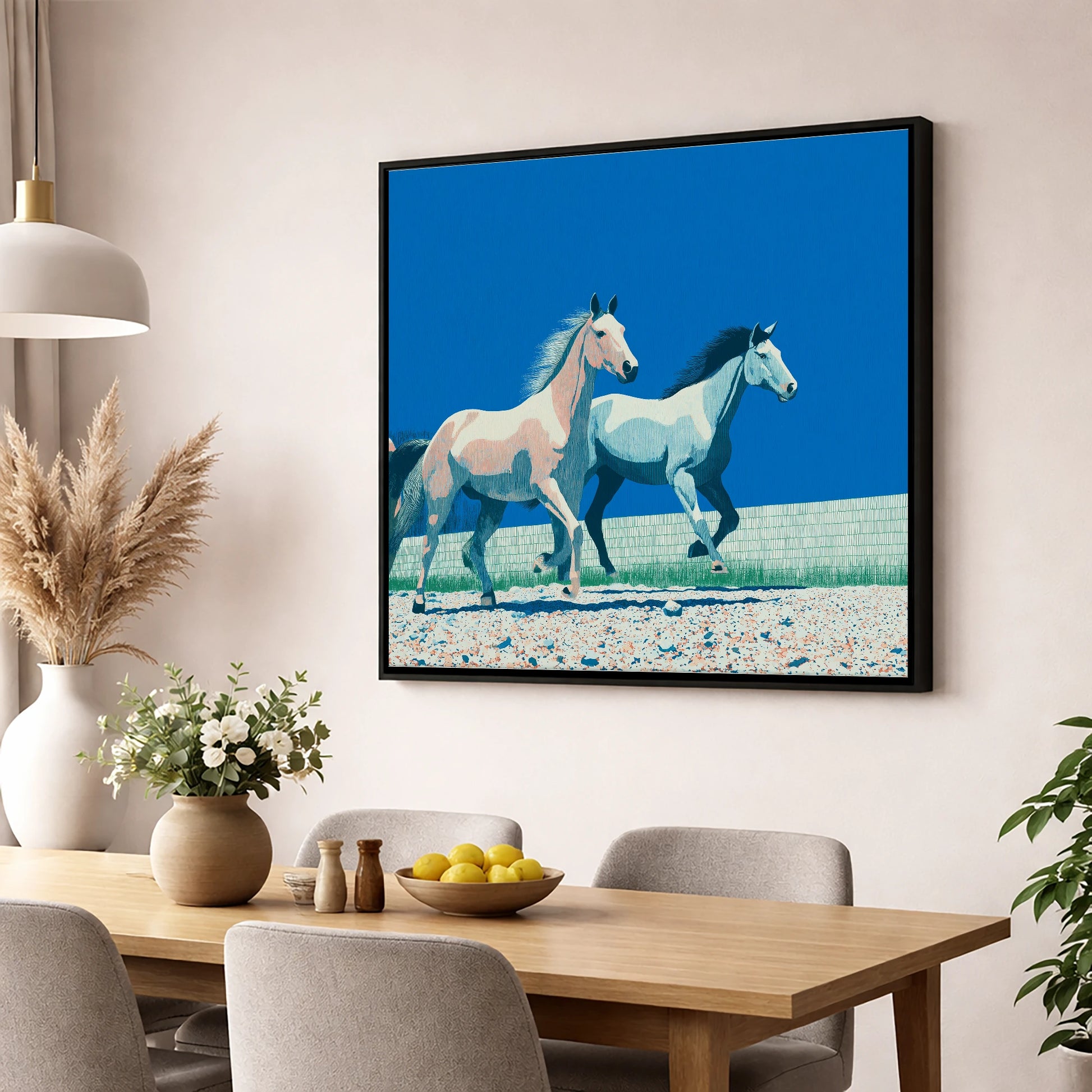 Azure Horizon Strides wild horses wall art displayed in a dining room