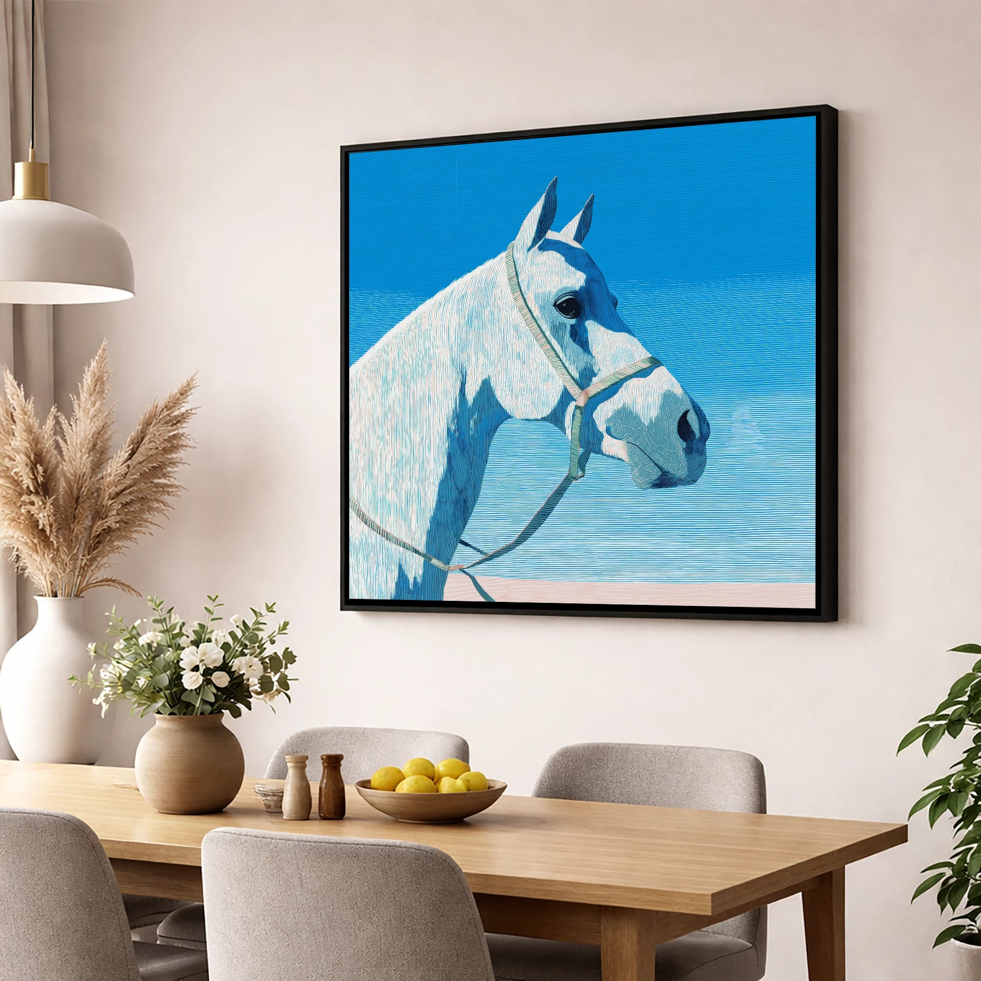 Serene Grey Profile horse breed wall art displayed in a dining room