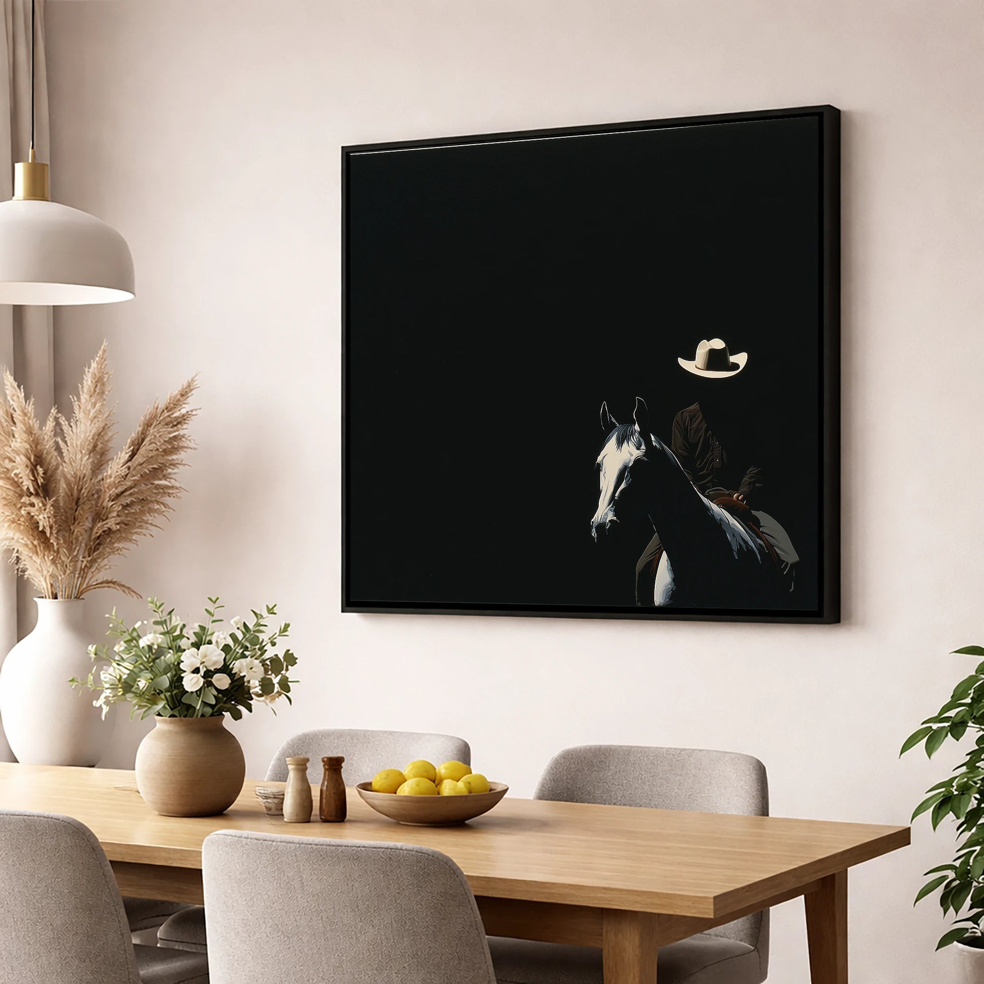Western Solitude western horse wall art displayed in a dining room