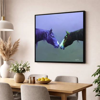 The Quiet Connection horse portrait wall art displayed in a dining room
