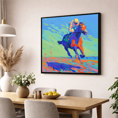 Vibrant Homestretch racing horse wall art displayed in a dining room