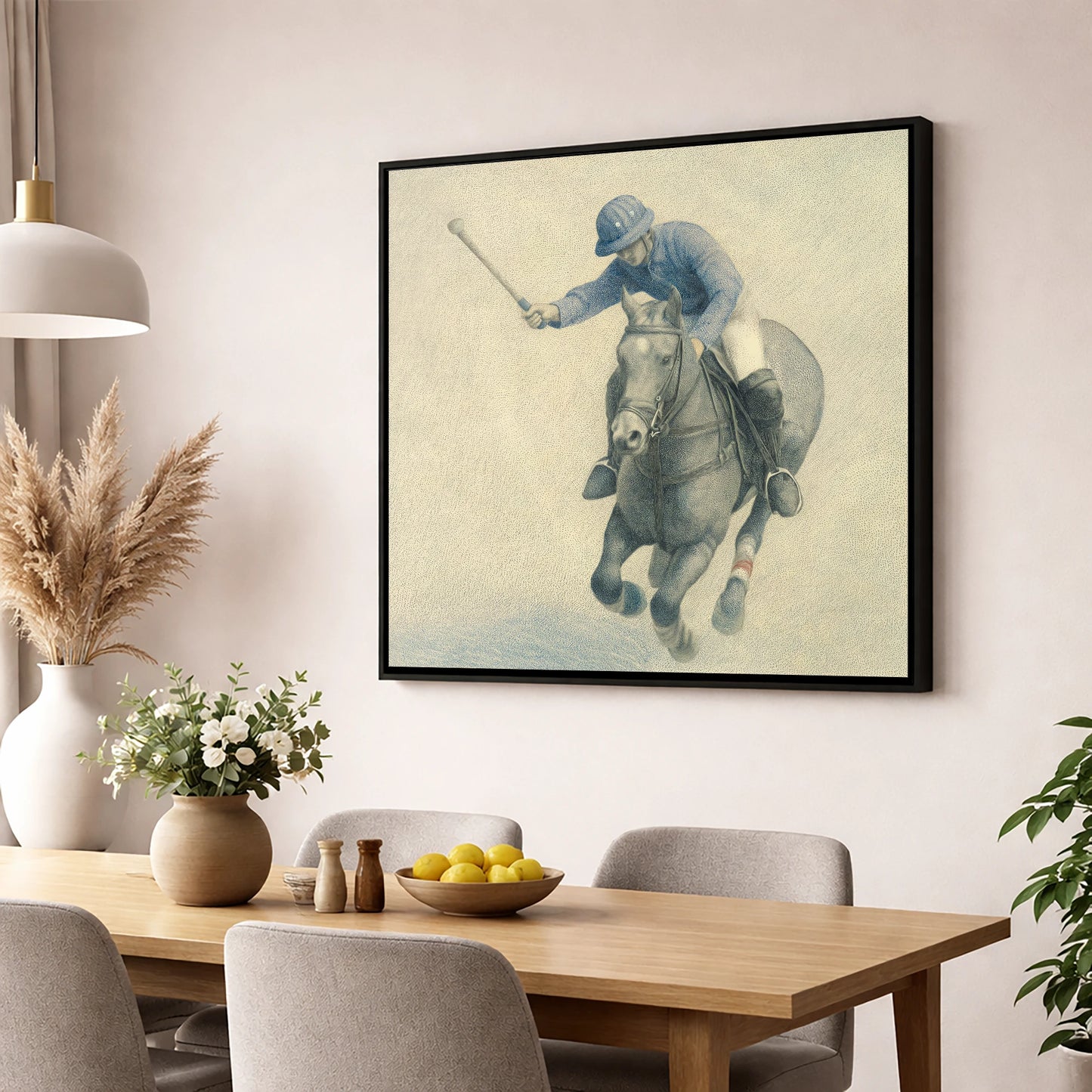 Precision in the Chukka polo horse wall art displayed in a dining room