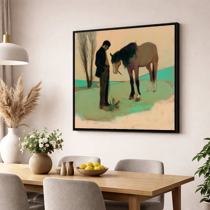 The Quiet Bond horse & rider wall art displayed in a dining room