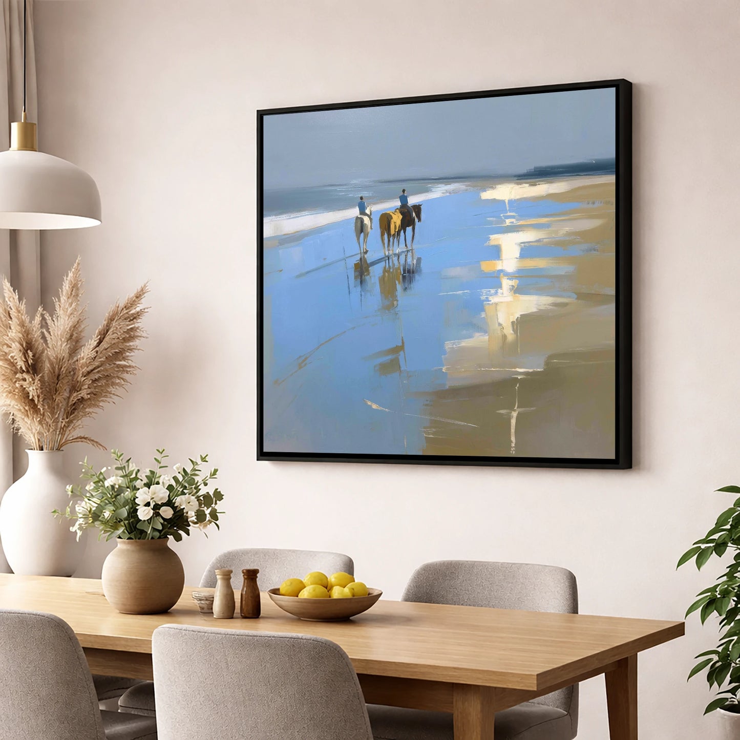 Shoreline Reflections horse landscape wall art displayed in a dining room