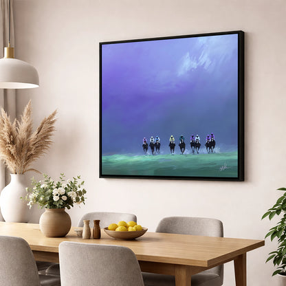 Charge Under Violet Skies racing horse wall art displayed in a dining room