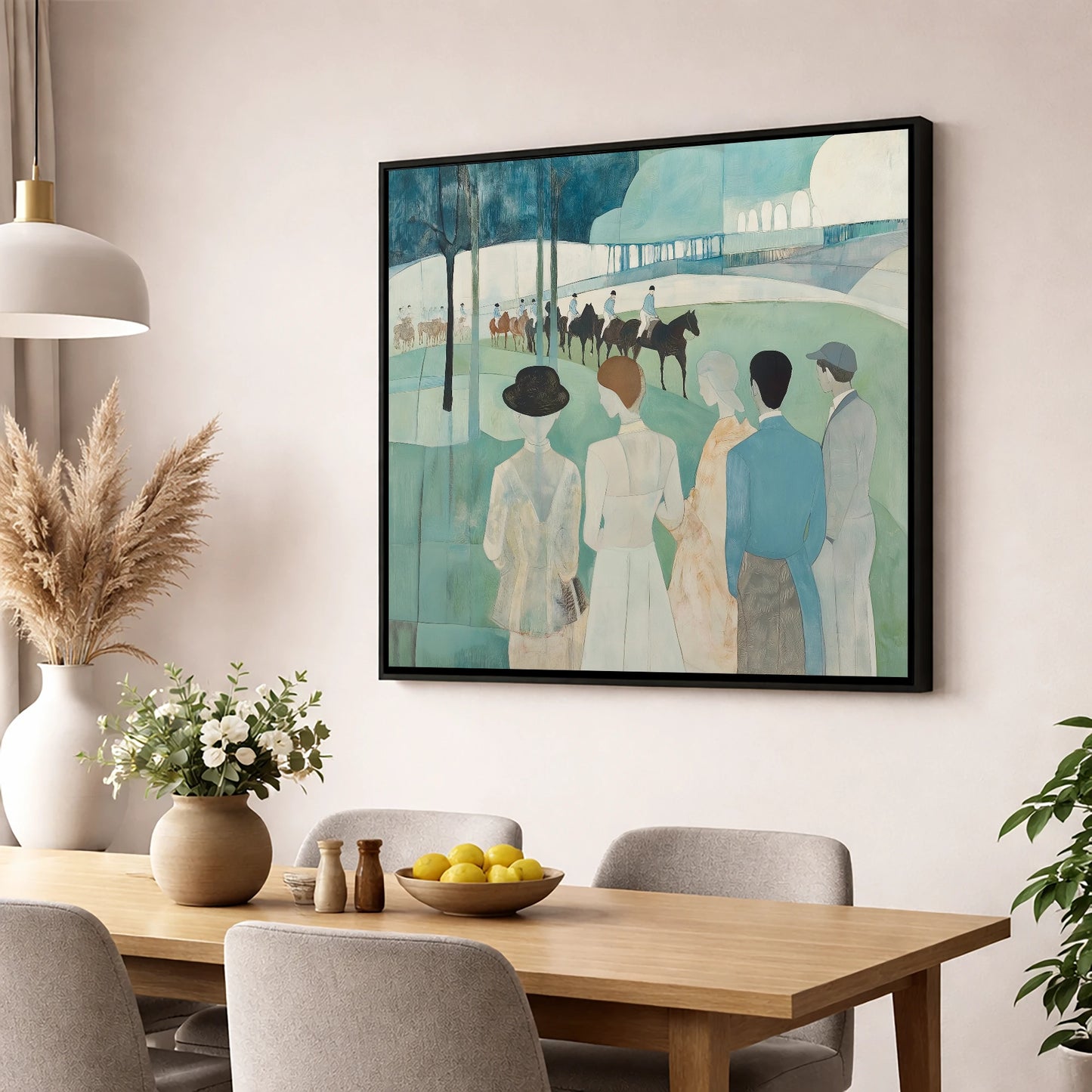 Before the Off racing horse wall art displayed in a dining room