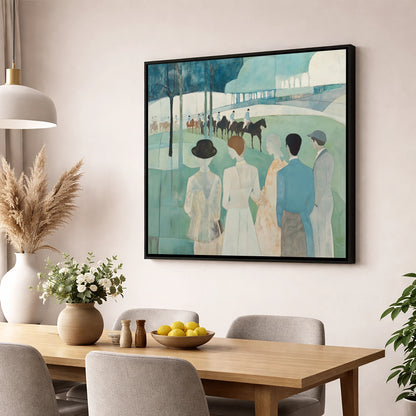 Before the Off racing horse wall art displayed in a dining room