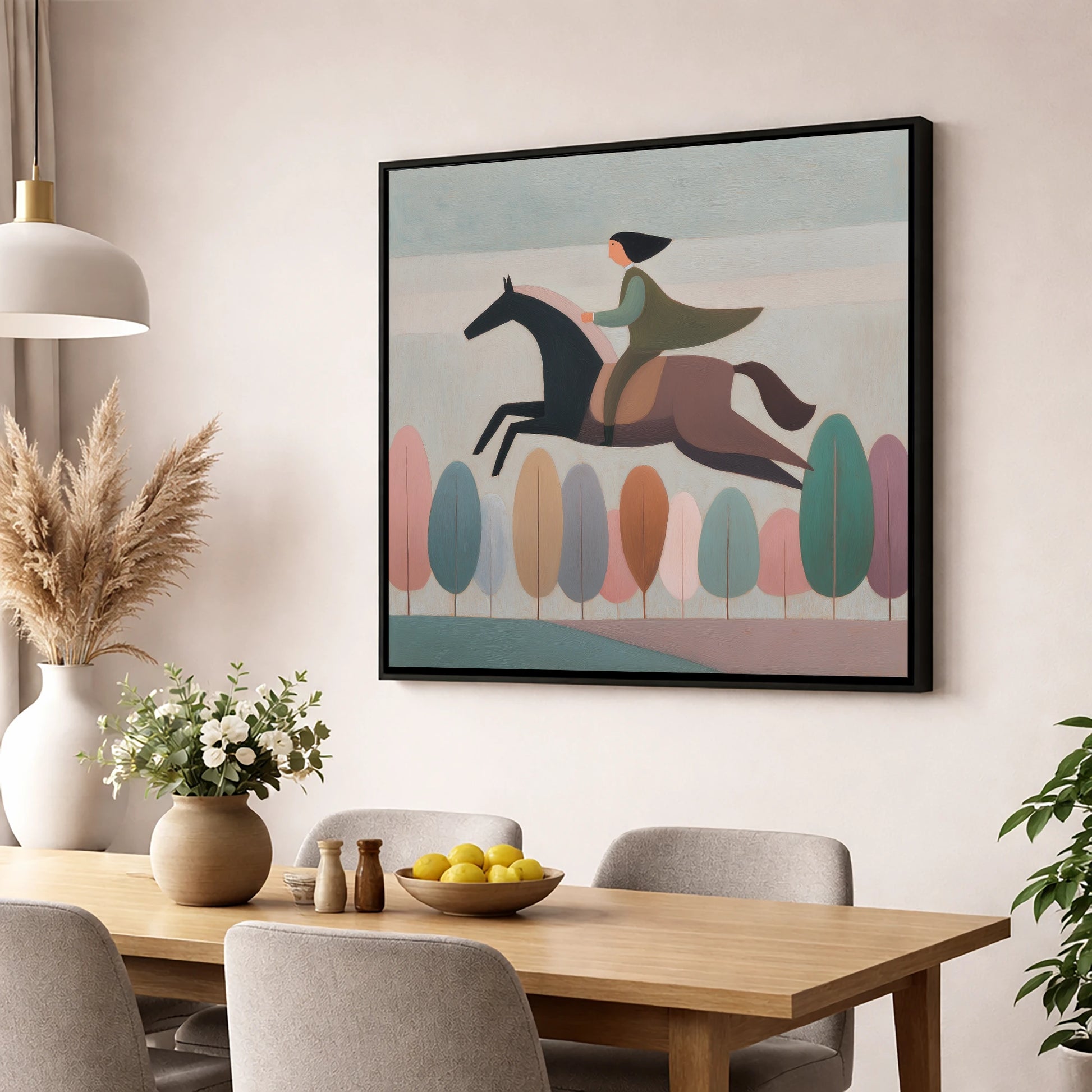 Above the Canopy show jumping horse wall art displayed in a dining room