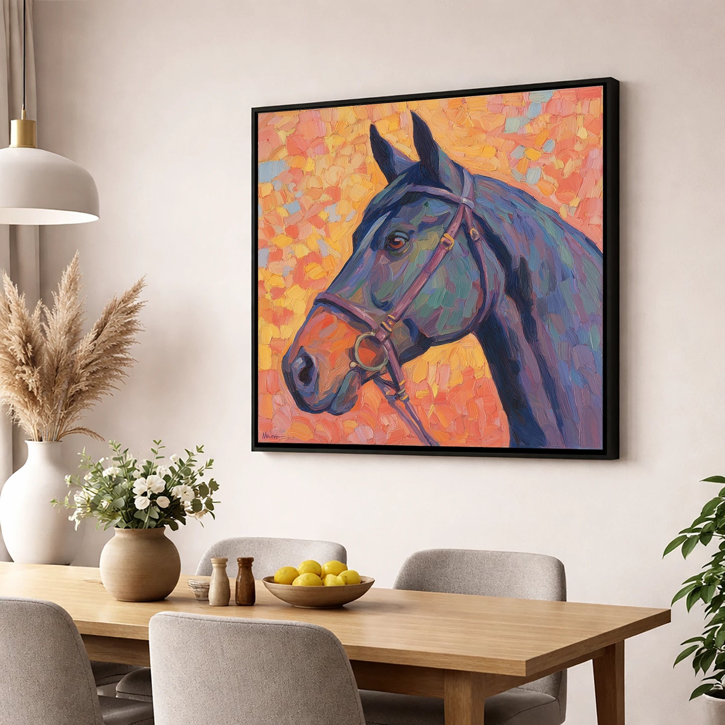 Radiant Equine Profile horse portrait wall art displayed in a dining room