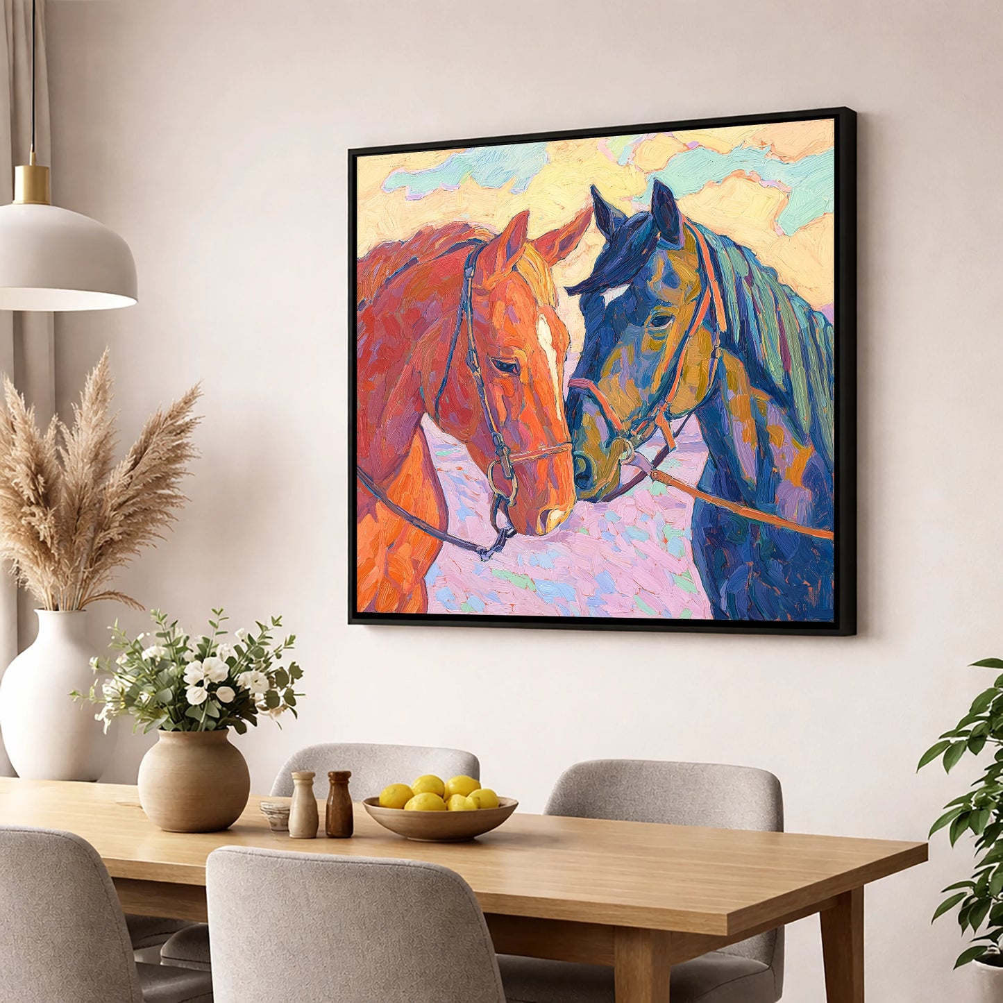Vibrant Equine Bond horse portrait wall art displayed in a dining room