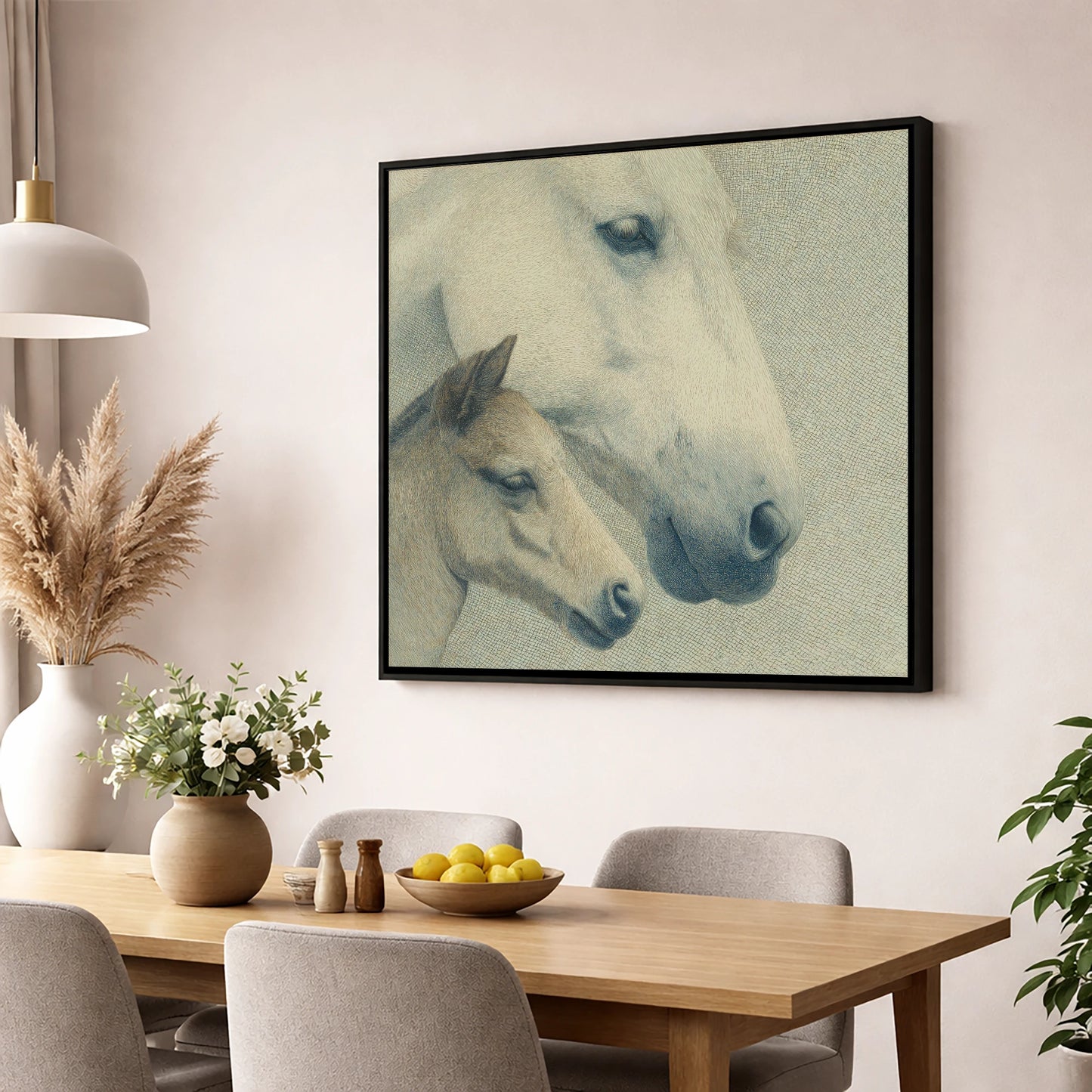 Enduring Connection mare & foal wall art displayed in a dining room