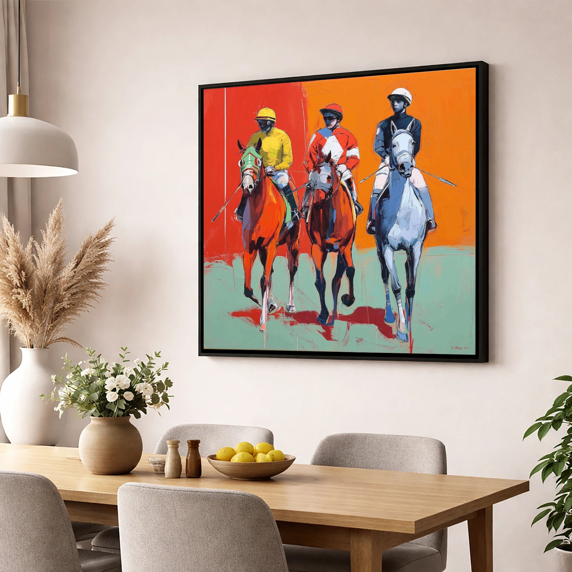 Three to the Post racing horse wall art displayed in a dining room