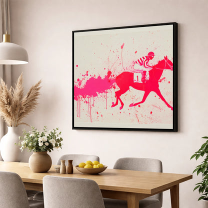 Magenta Racing Surge racing horse wall art displayed in a dining room