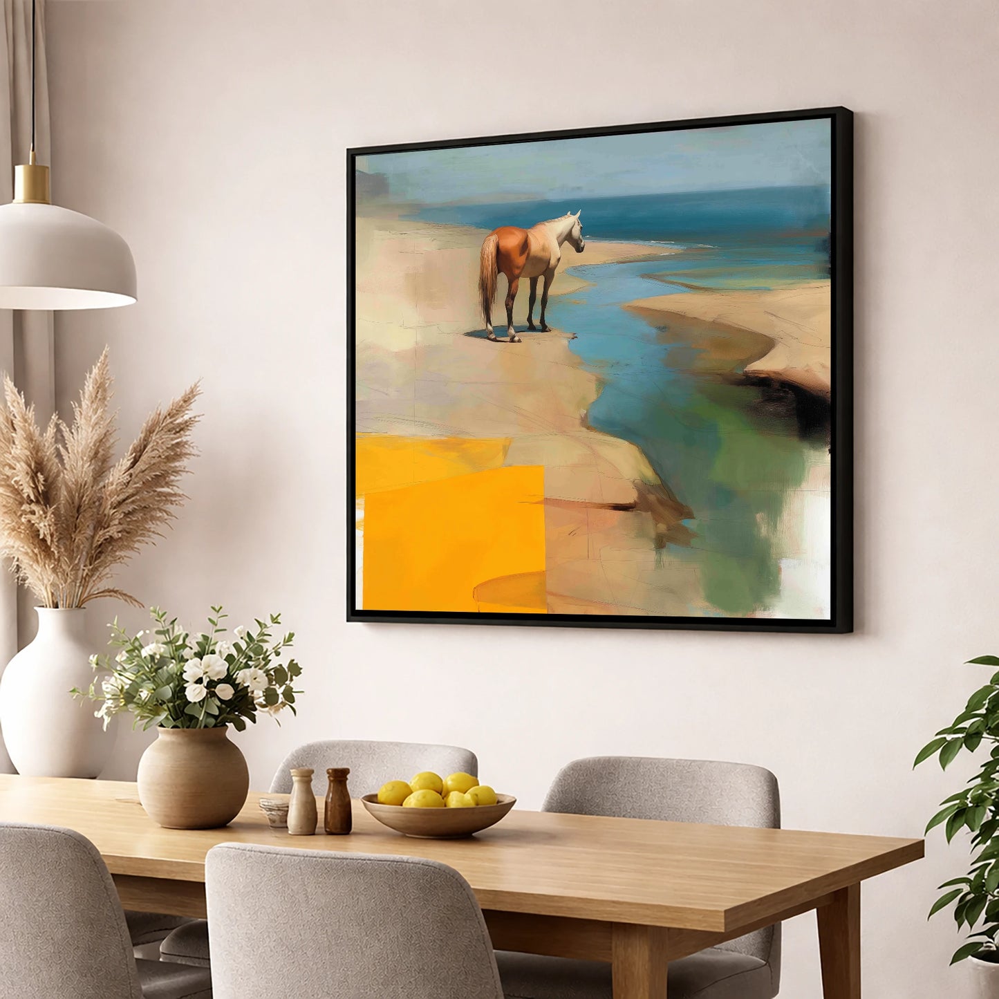 Golden Shoreline Solitude horse landscape wall art displayed in a dining room