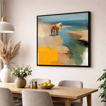 Golden Shoreline Solitude horse landscape wall art displayed in a dining room
