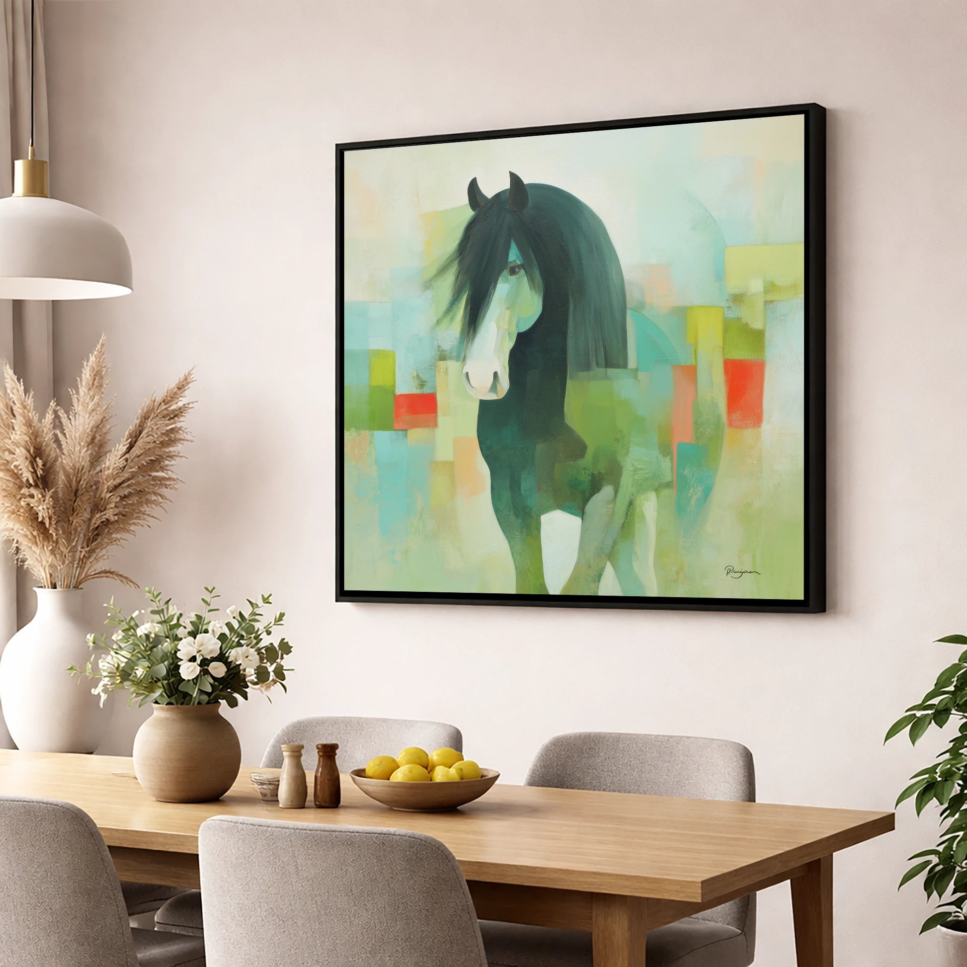 Geometric Equine Harmony horse breed wall art displayed in a dining room