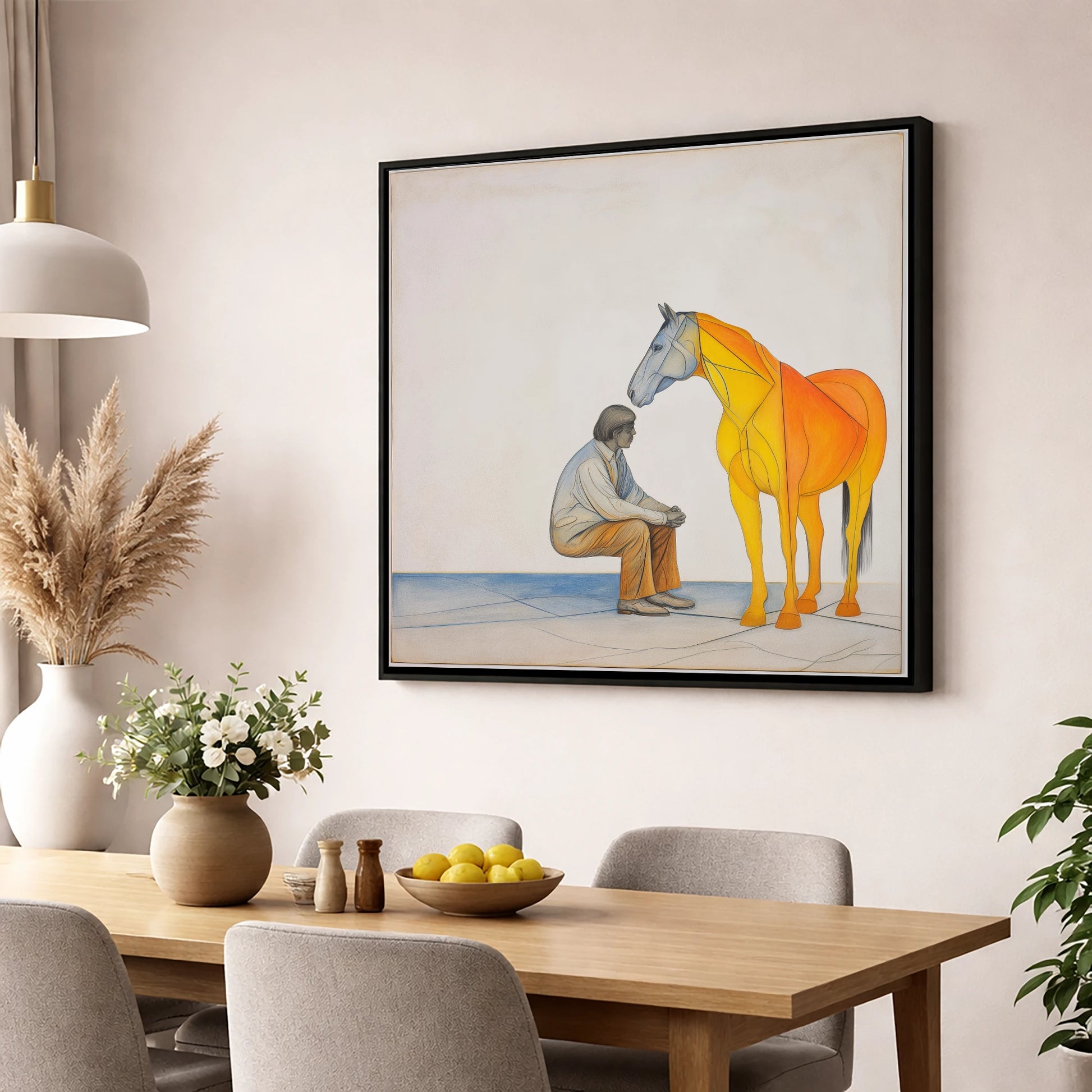 Silent Understanding horse & rider wall art displayed in a dining room