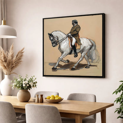 Harmonious Passage dressage horse wall art displayed in a dining room