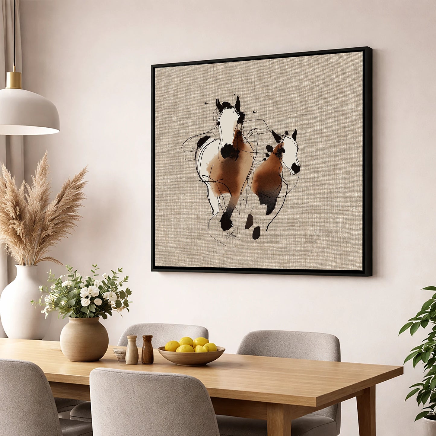 Bond In Motion mare & foal wall art displayed in a dining room