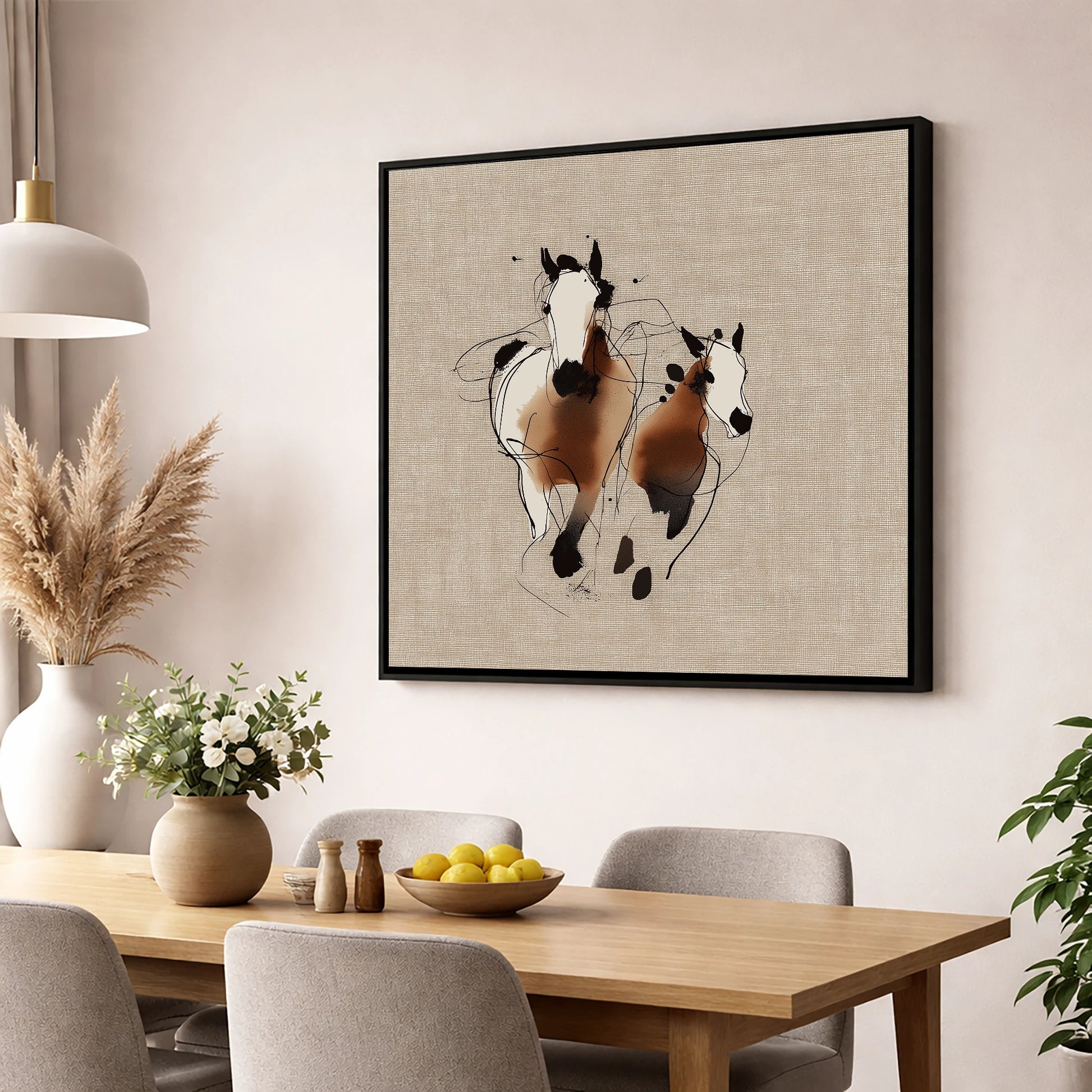 Bond In Motion mare & foal wall art displayed in a dining room